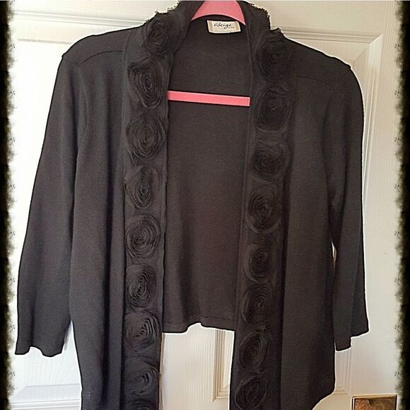 Beige by eci Sweaters - BLACK CASCADE SWEATER W/ CHIFFON FLOWERS